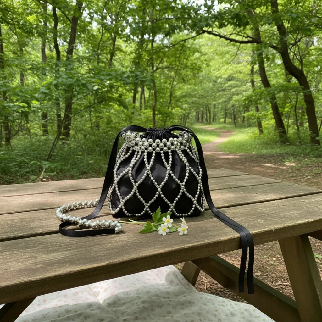 Pearl Woven Crossbody Bag for Women | Lace Design Purse