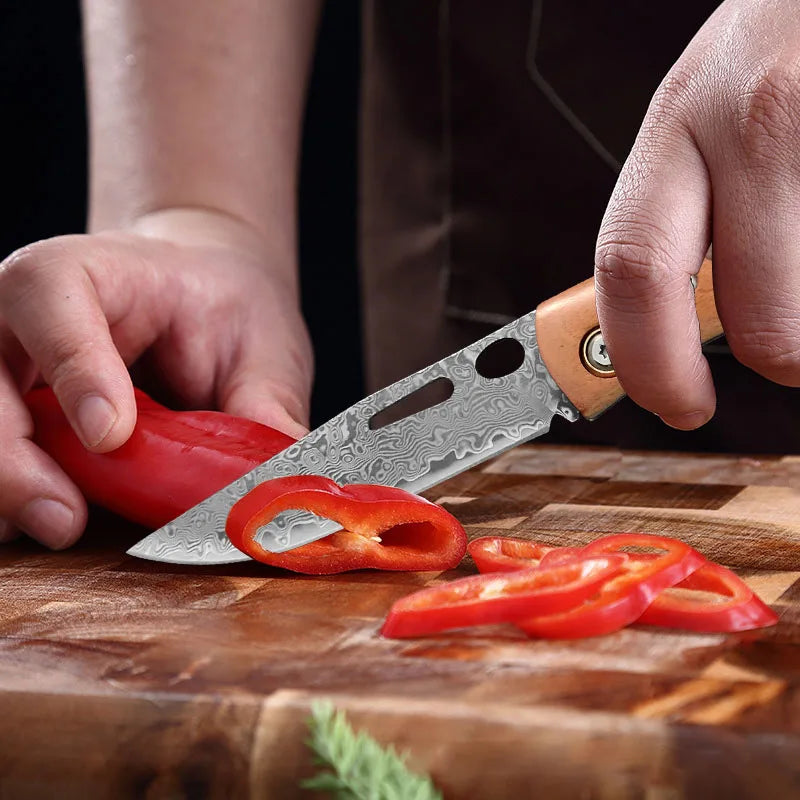 Damascus Steel Folding Knife – Sharp Wood Handle Kitchen Knife