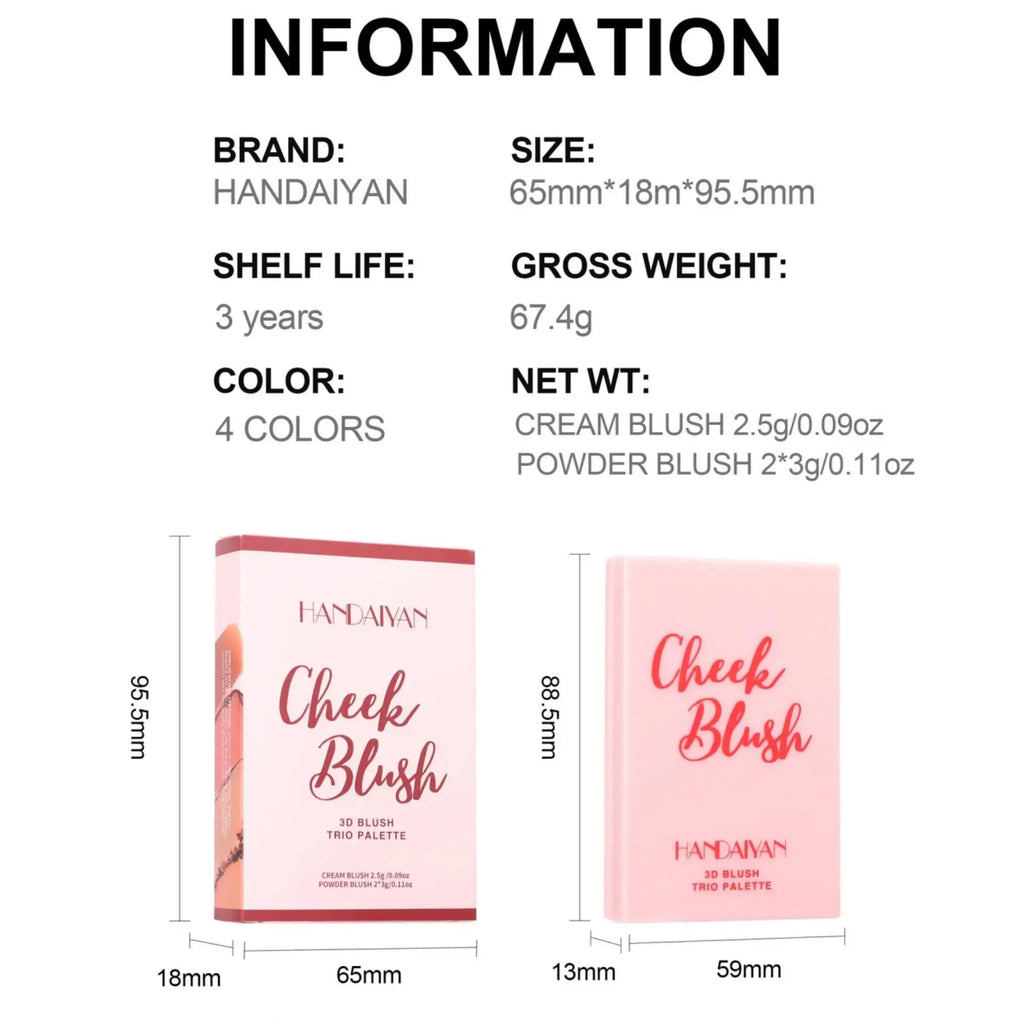 Handaiyan 3-Color Blush Palette – Bronzer, Highlighter & Blush