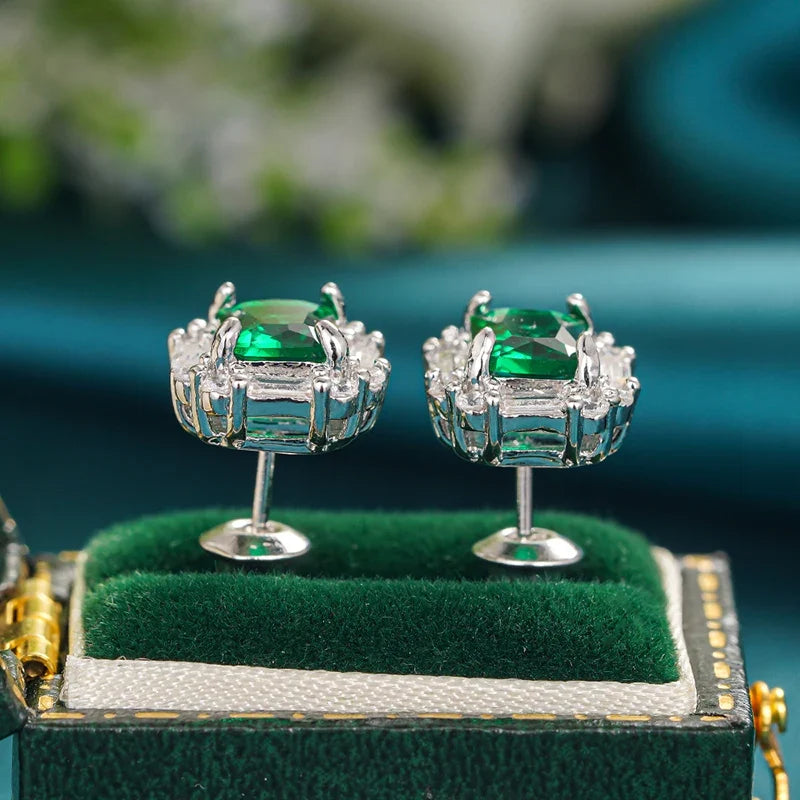 Huitan Green Cubic Zirconia Stud Earrings | Geometric Fashion