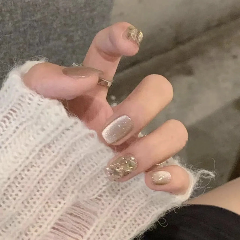 Korean Cat Eye Press-On Nails | Champagne Crystal Short Set