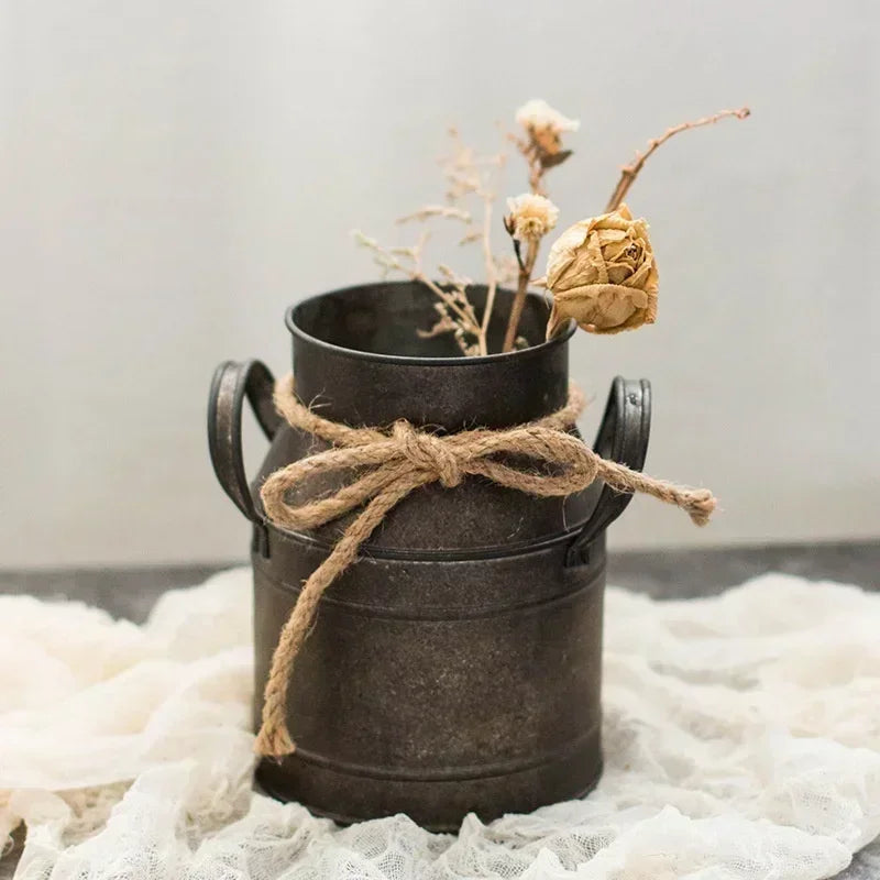 Retro Tin Flower Bucket Vase – Vintage Metal Milk Jug Planter