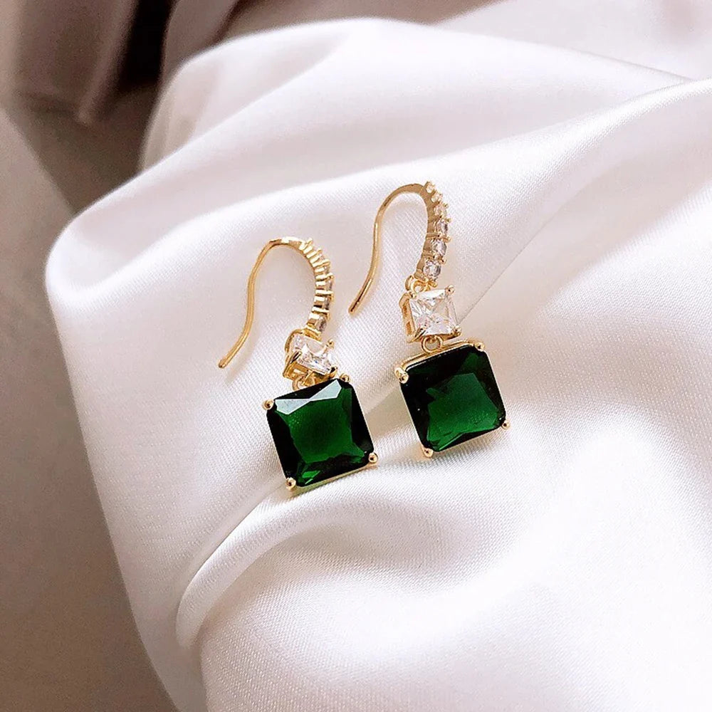 Huitan Green CZ Gold Drop Earrings – Geometric Fashion Jewelry