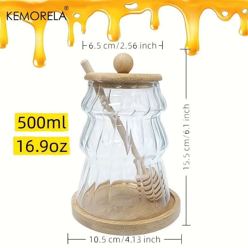 KEMORELA Glass Honey Jar Set with Wooden Stir Stick & Lid