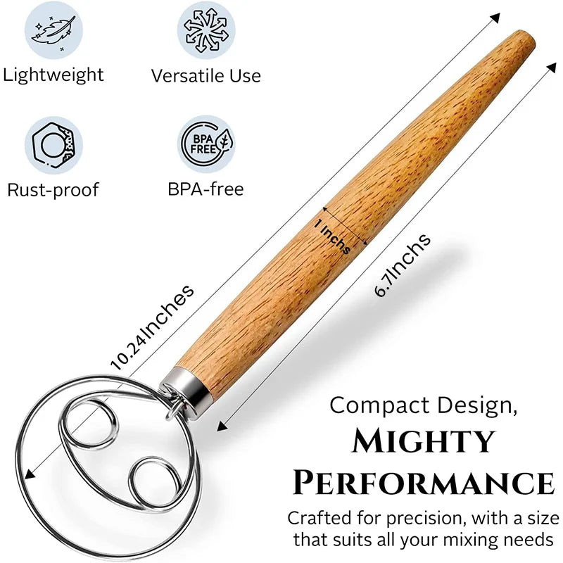 10-Inch Danish Dough Whisk – Oak Wood & Stainless Steel