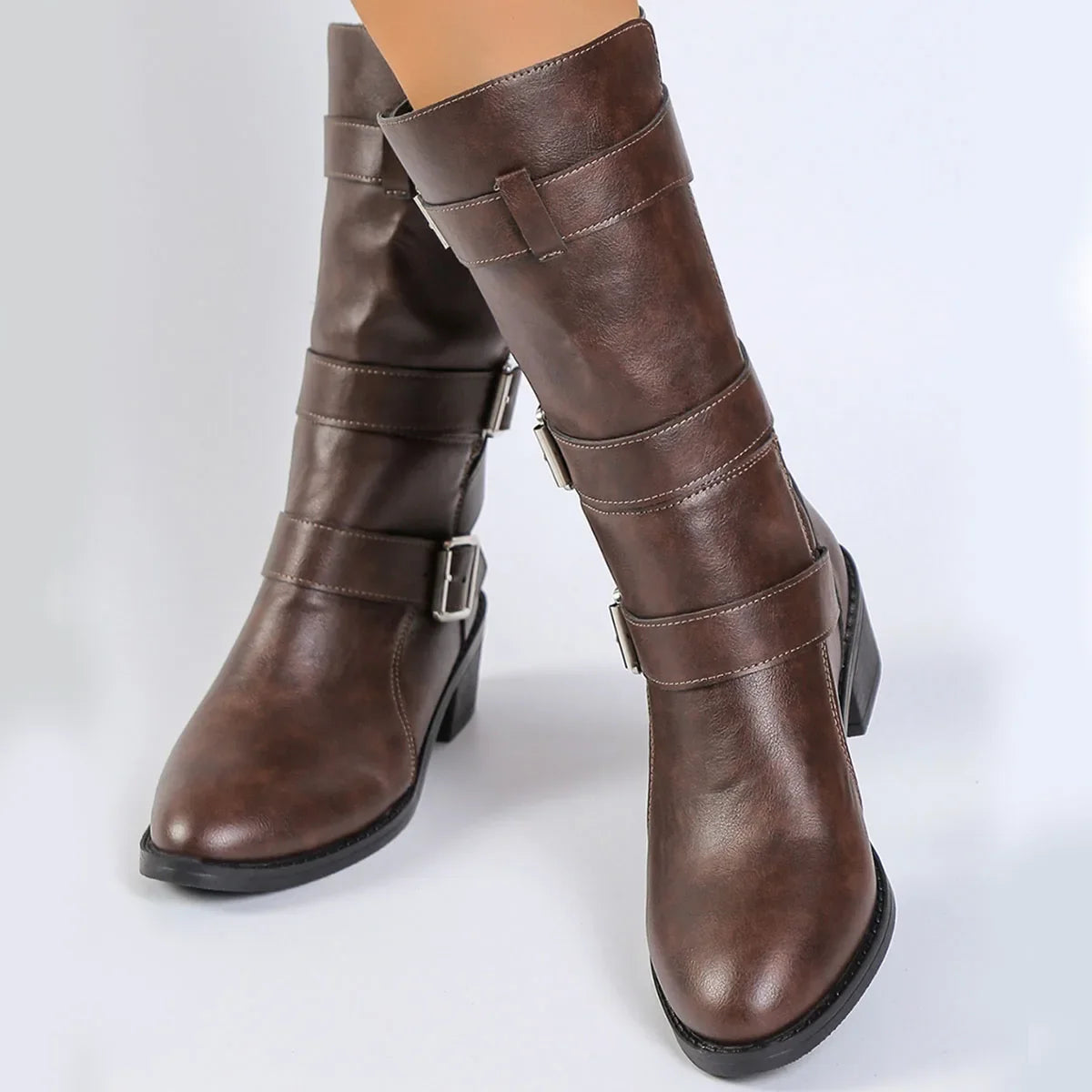 Women's Chunky Heel Mid-Calf Boots | Buckle Vintage Style