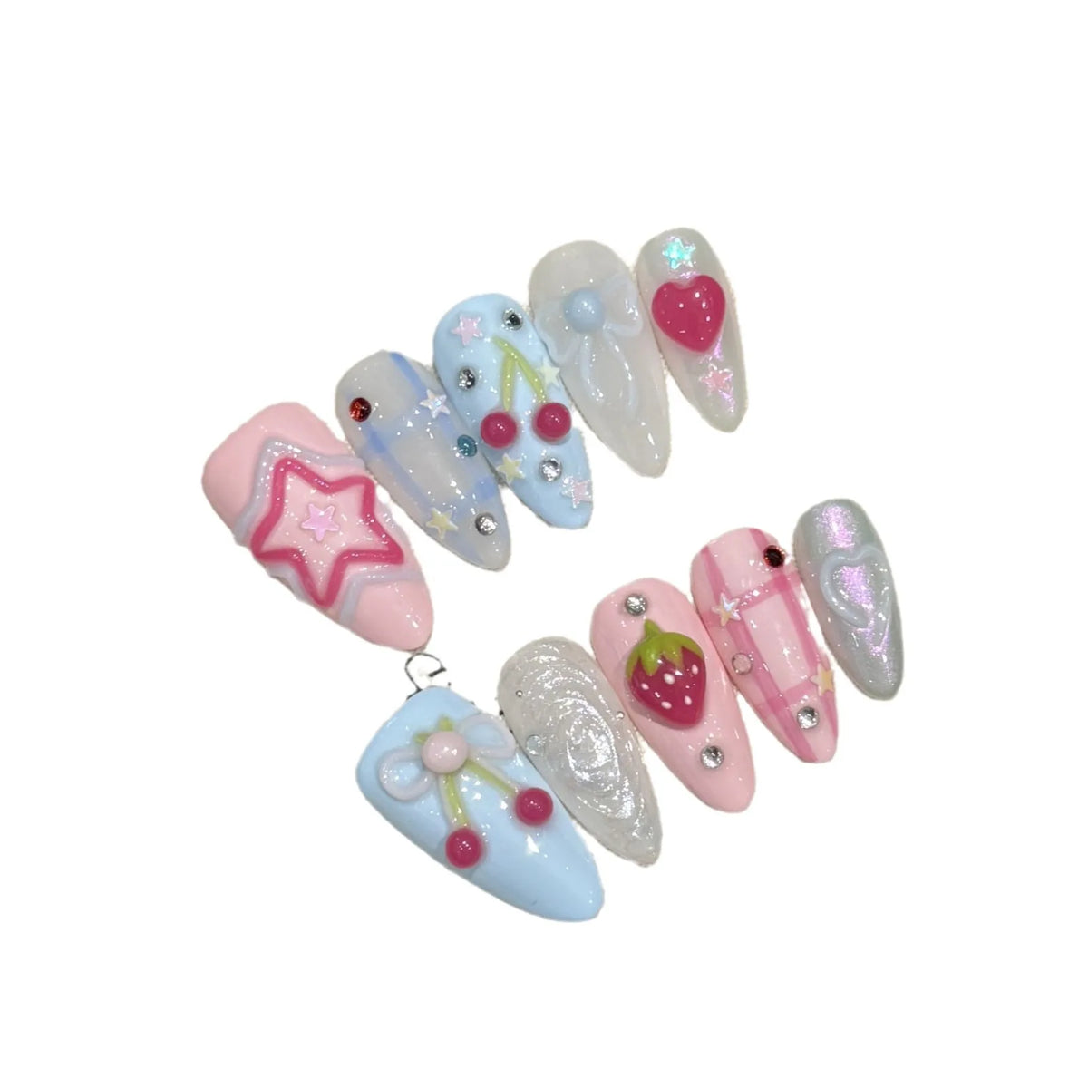 3D Press-On Nails Korean Sweet Pink Blue Almond Tips | YADORNOS