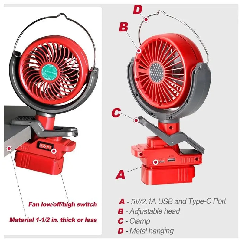 Cordless Clip-On Fan – 2-Speed, 270° & 300° Rotation + USB Ports