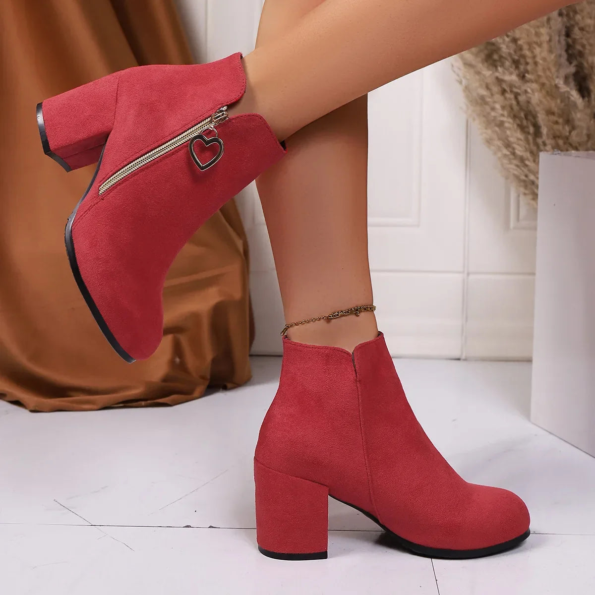 Women's Retro Block Heel Ankle Boots – Suede Zip Style