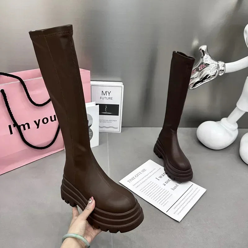 Women's Winter Knee-High Platform Boots – Back Zip Plush Lined