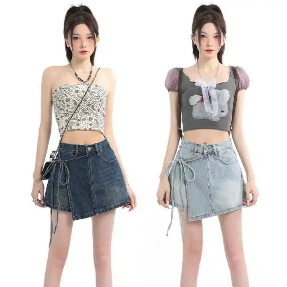 Y2K High Waist Denim A-Line Skirt – Lace-Up Wide Leg Blue Jean