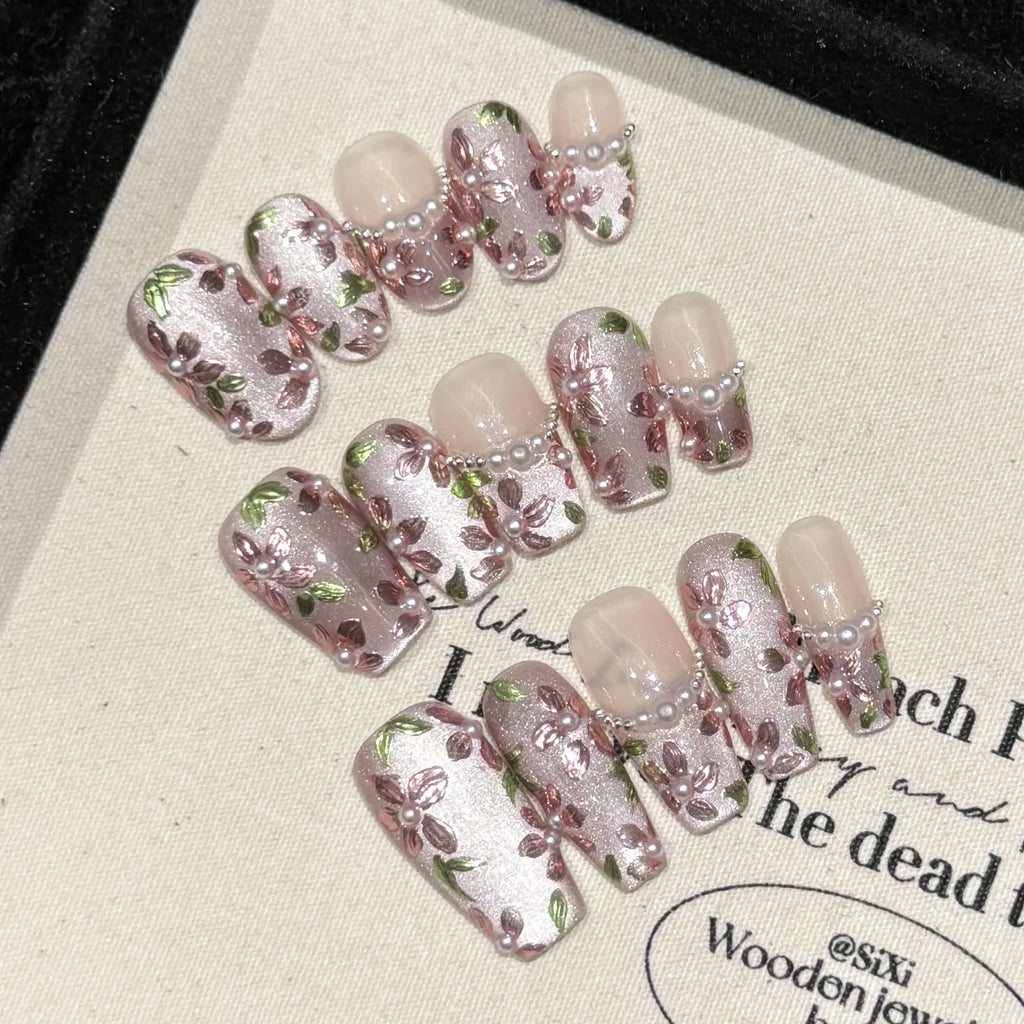 Handmade Cat Eye Press On Nails | Pearl Flower Korean Design