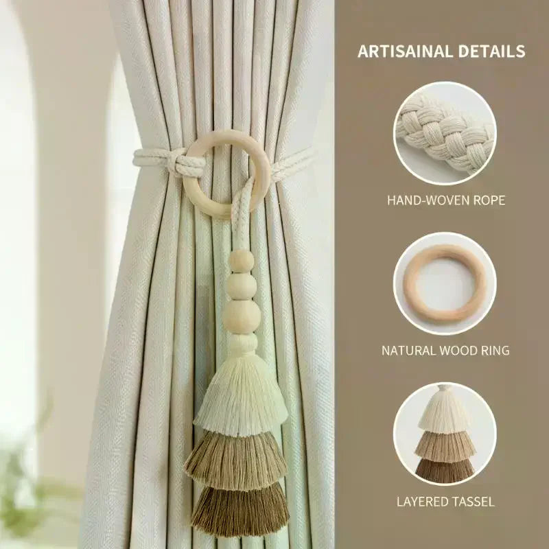 1 Tassel Curtain Tie Backs Wooden Bead Tiebacks Bohemian Clasp Home