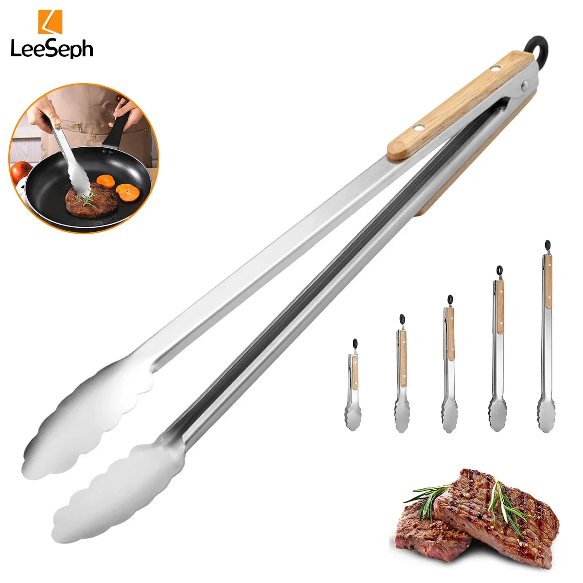 Stainless Steel Cooking Tong Oak Handle Barbecue Salad Locking Ring