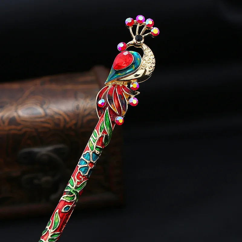 Retro Peacock Enamel Crystal Hair Stick Pin – Chinese Style