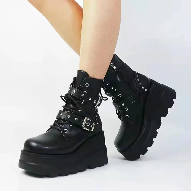 Women's PU Leather Platform Ankle Boots – Gothic Lace-Up