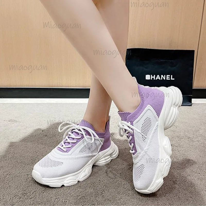 Women's Mixed Color Platform Sneakers – Lace-Up Casual Shoes