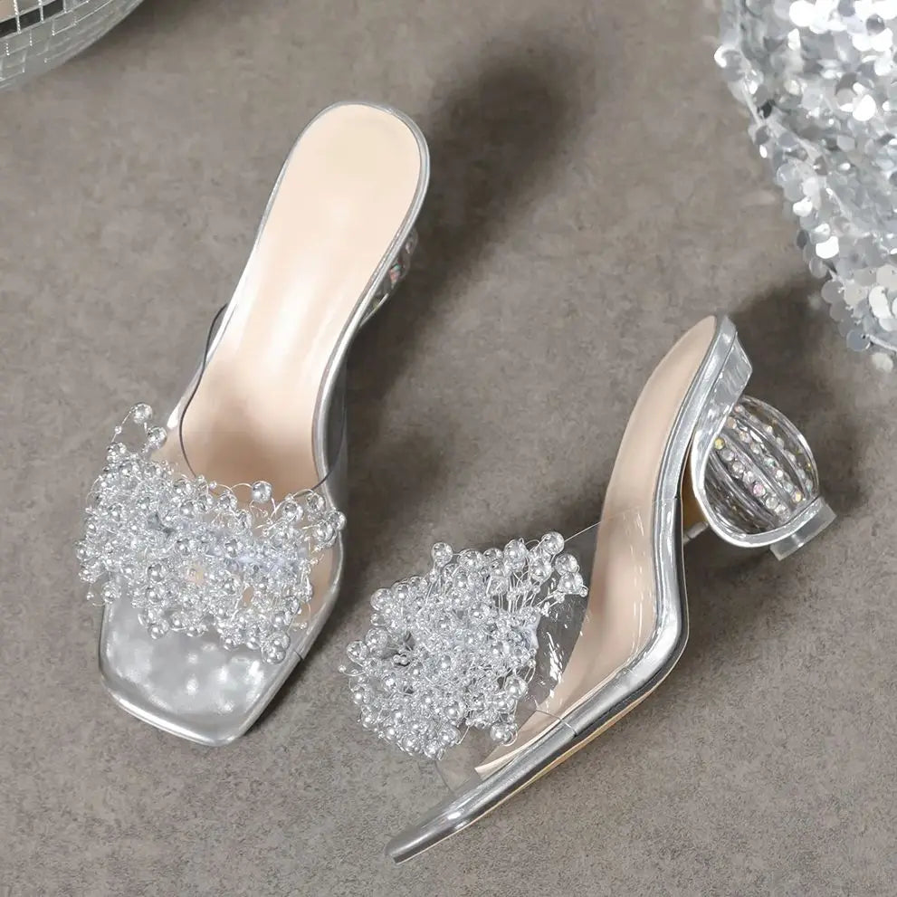 Women's Crystal Flower High Heel PVC Mule Sandals | Party Shoes