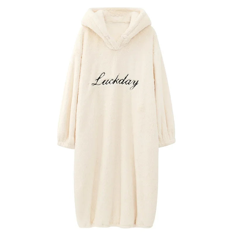 Women's Hooded Coral Velvet Nightgown – Plush Flannel Pajama Dress