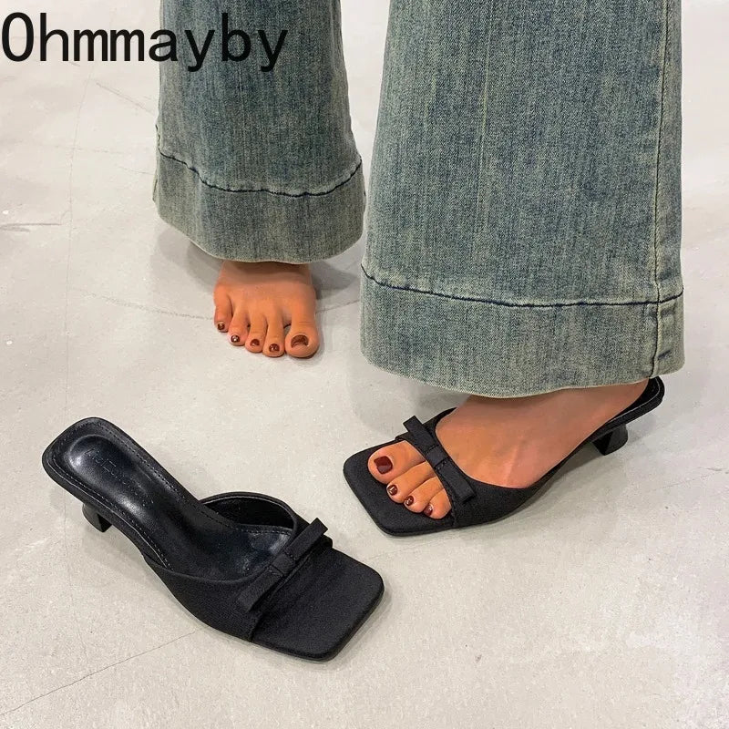 Women's Butterfly-Knot Square Toe Slide Mule Slippers Low Heel