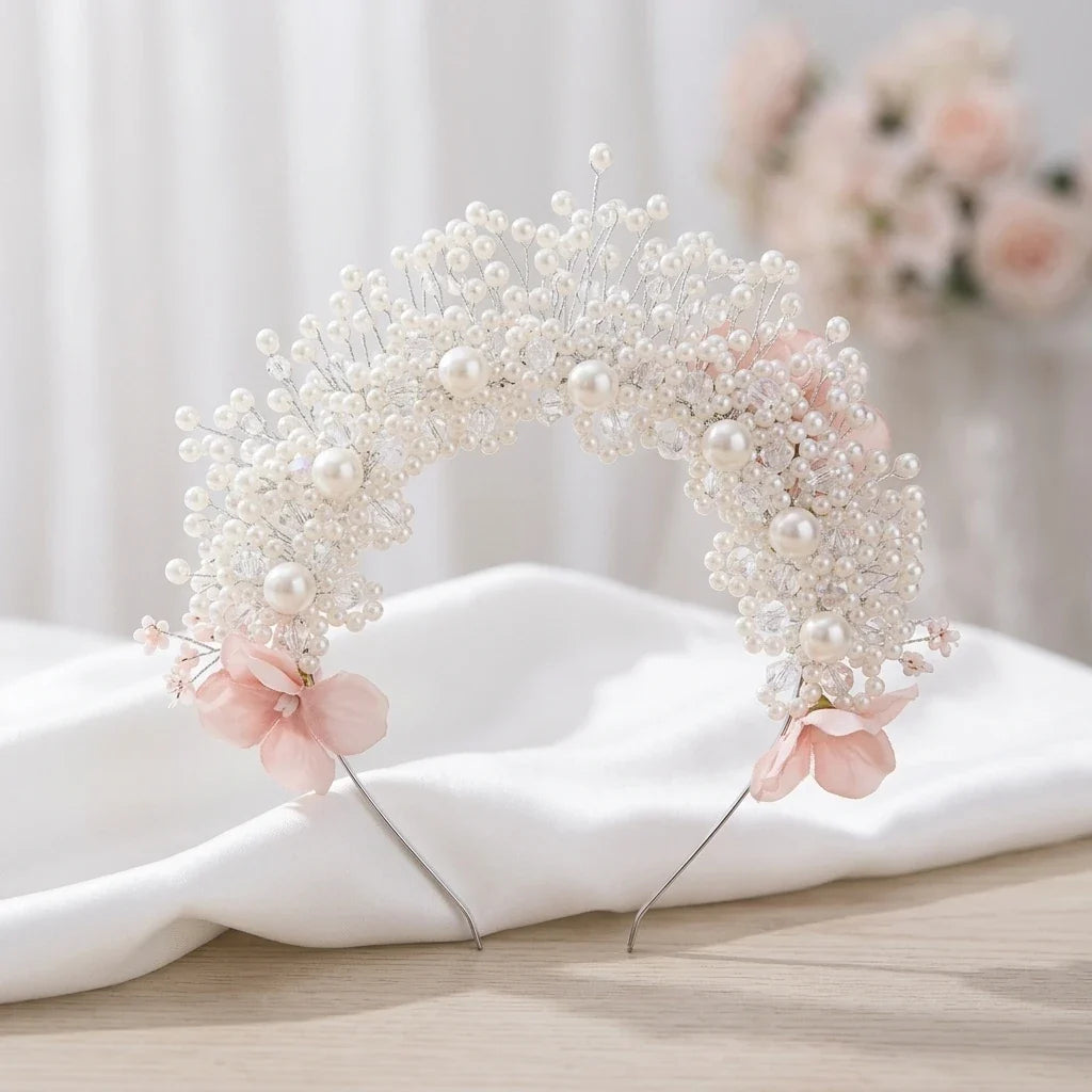 Bridal Pearl Hairband | Korean Style Pink Flower Wedding Headpiece
