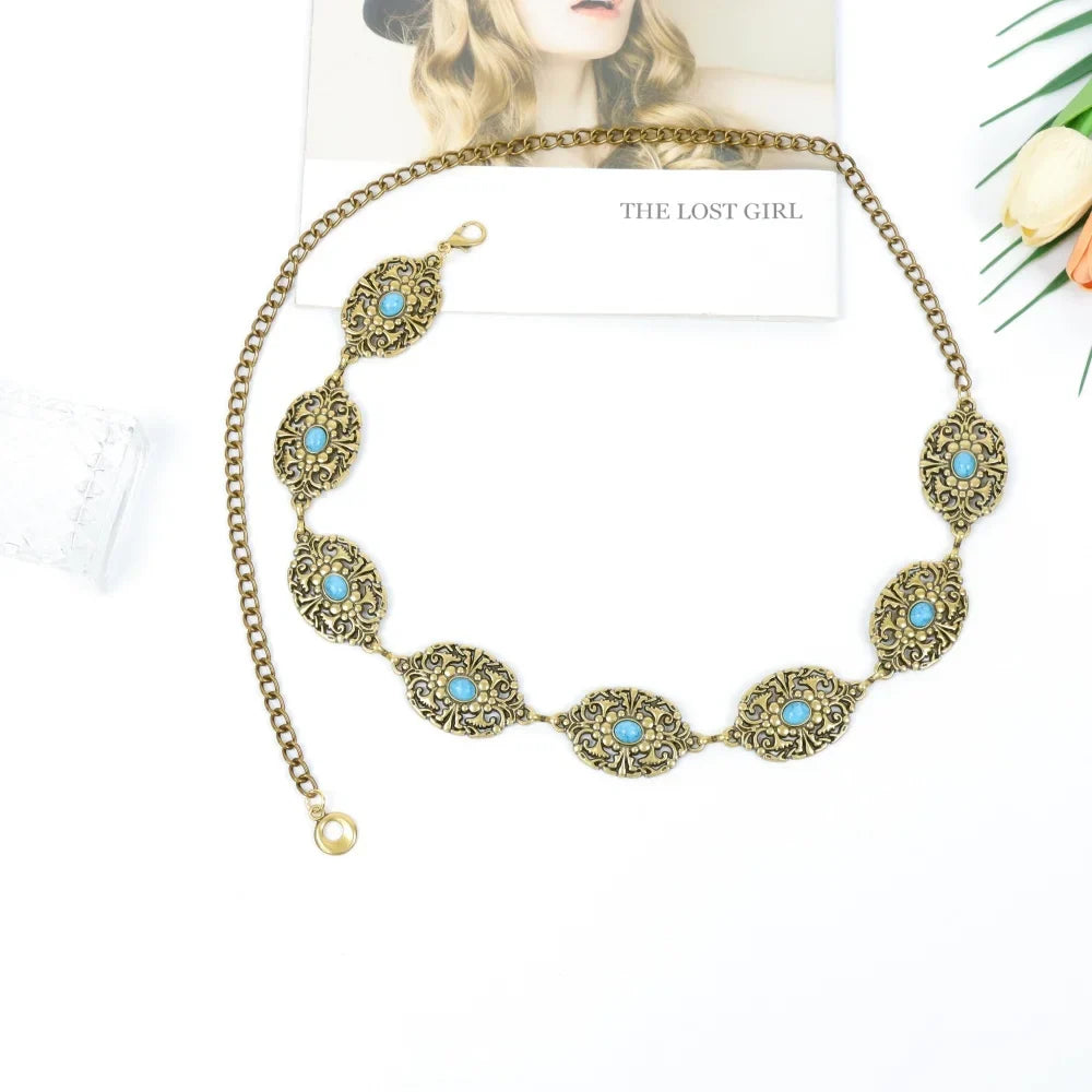 Vintage Ornate Floral Gold Chain Waist Belt Women Bohemian Adjustable