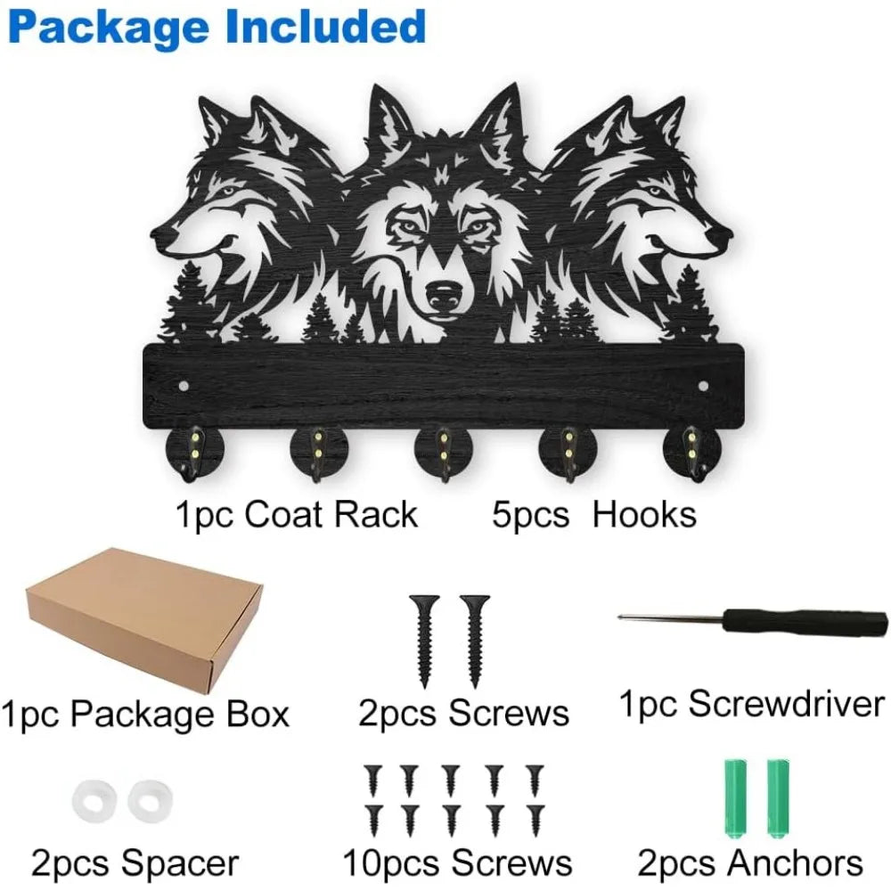 Wolf Forest Wood Wall Coat Rack – 5 Hook Key Holder 11.8in