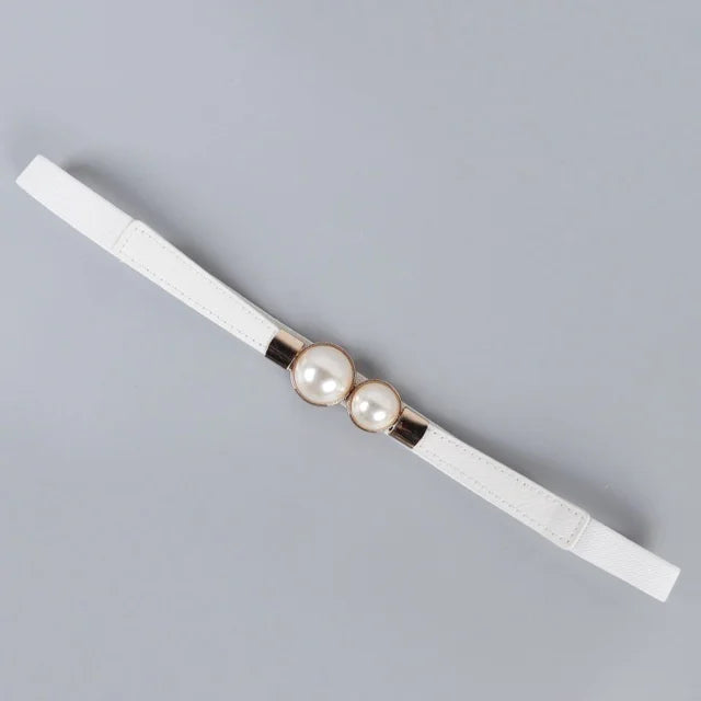 Pearl Buckle Elastic Waist Belt – PU Leather Women's Thin Belt