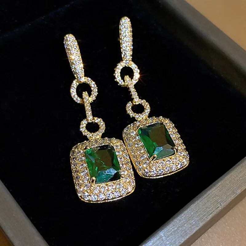 Huitan Gold Drop Earrings Green Cubic Zirconia | Women's
