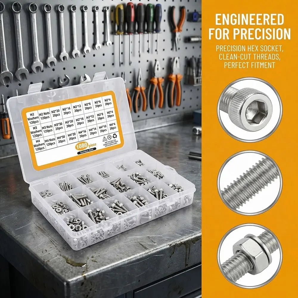 1080-Pc M2 M3 M4 Hex Socket Screws Nuts Washers Kit
