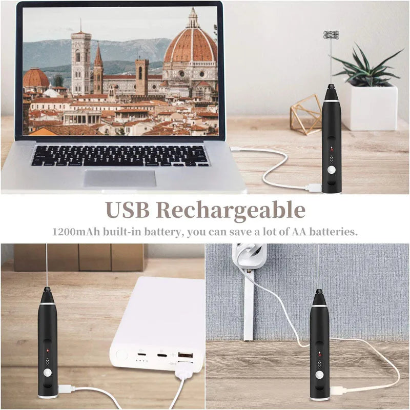 USB Rechargeable Electric Milk Frother & Handheld Whisk Mixer