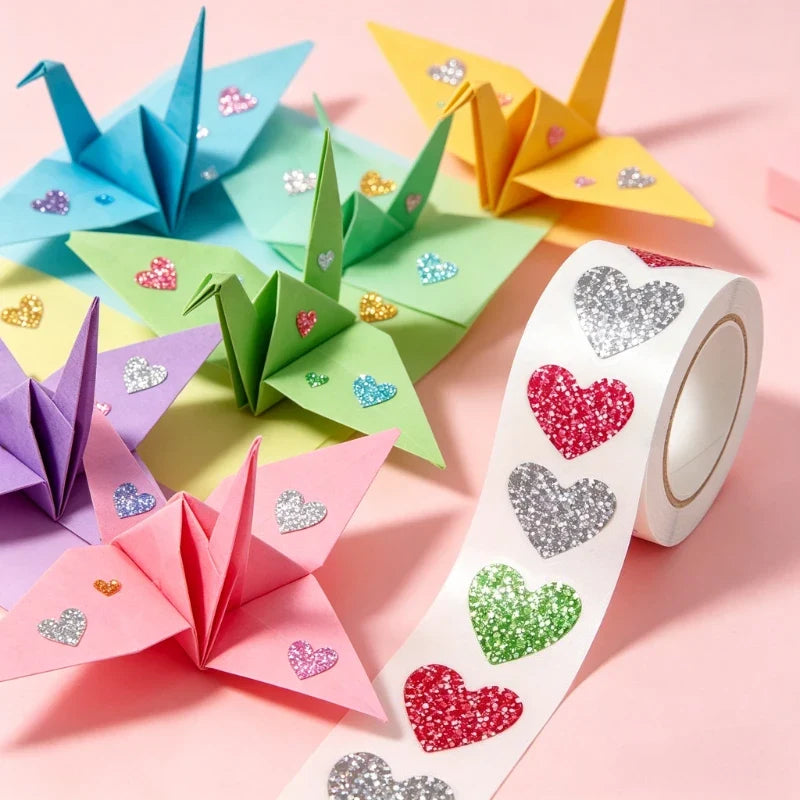 Glitter Heart Stickers Roll – 500 Sparkly Self-Adhesive Hearts
