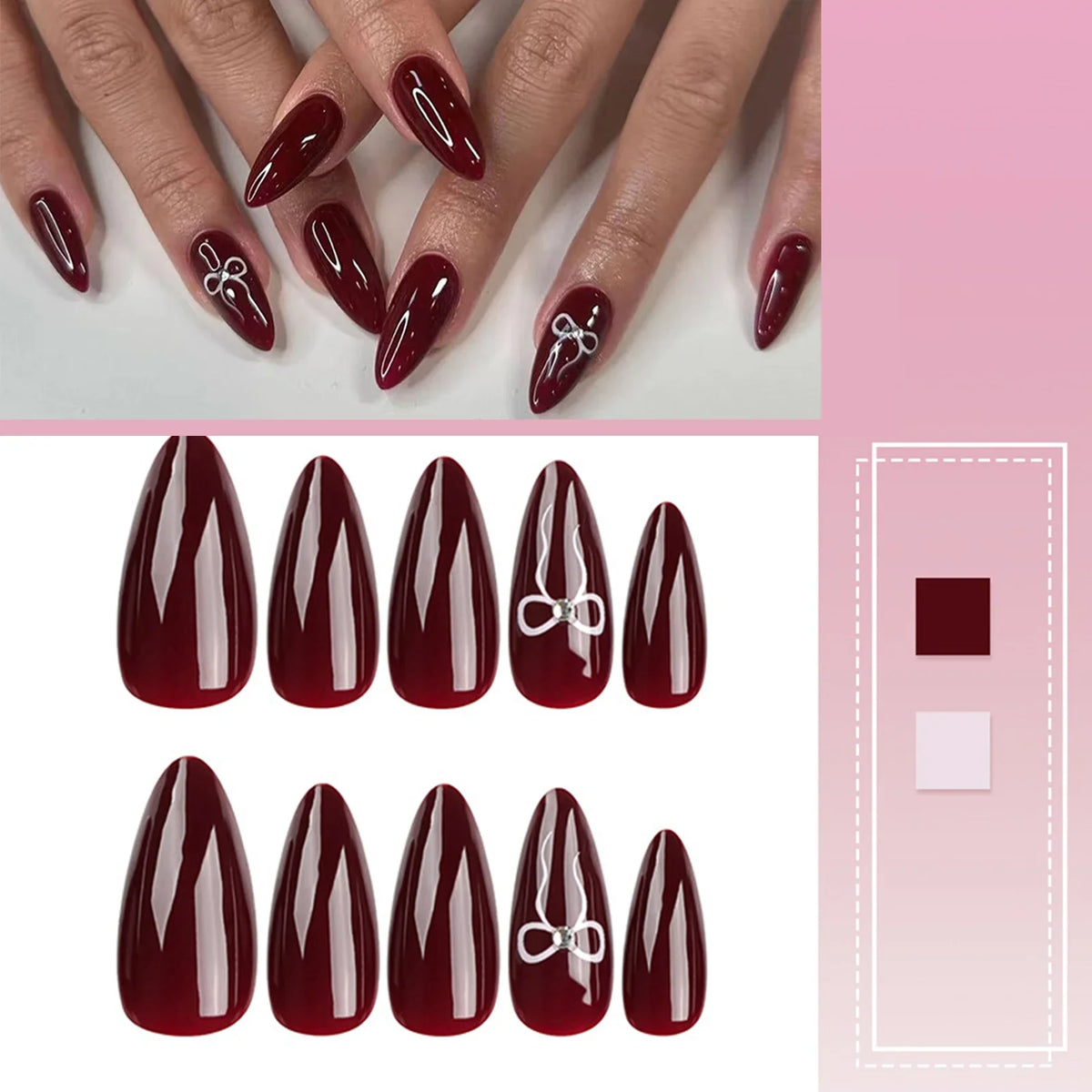 Korean Bow Press On Nails – Wine Red Almond | 24pcs Set