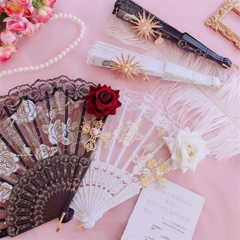 Lolita Gothic Fan Victorian Female Lace Hand Vintage Black White Red
