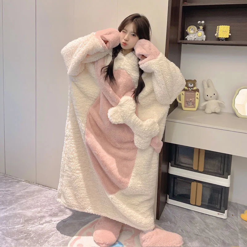 Cute Dog Cartoon Women's Fleece Hooded Pajama Set | Warm & Cozy