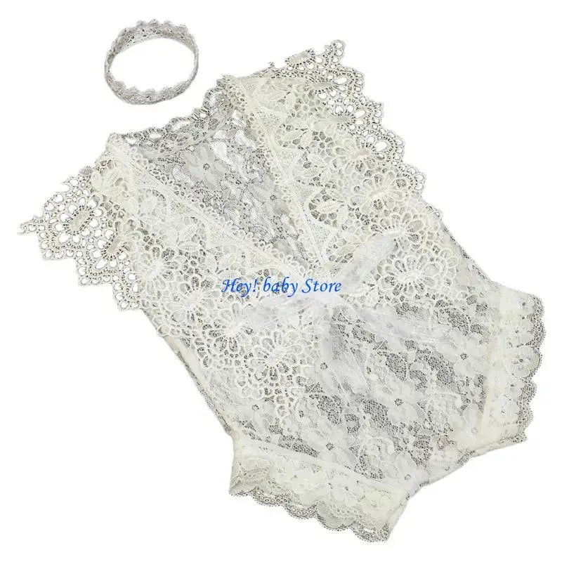 Newborn Photography Props – Crown Headband & Lace Romper 0-1M