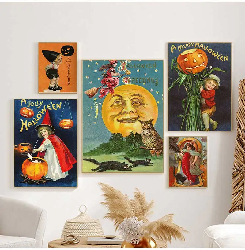Retro Halloween Witch Pumpkin Canvas Wall Art Print | Unframed
