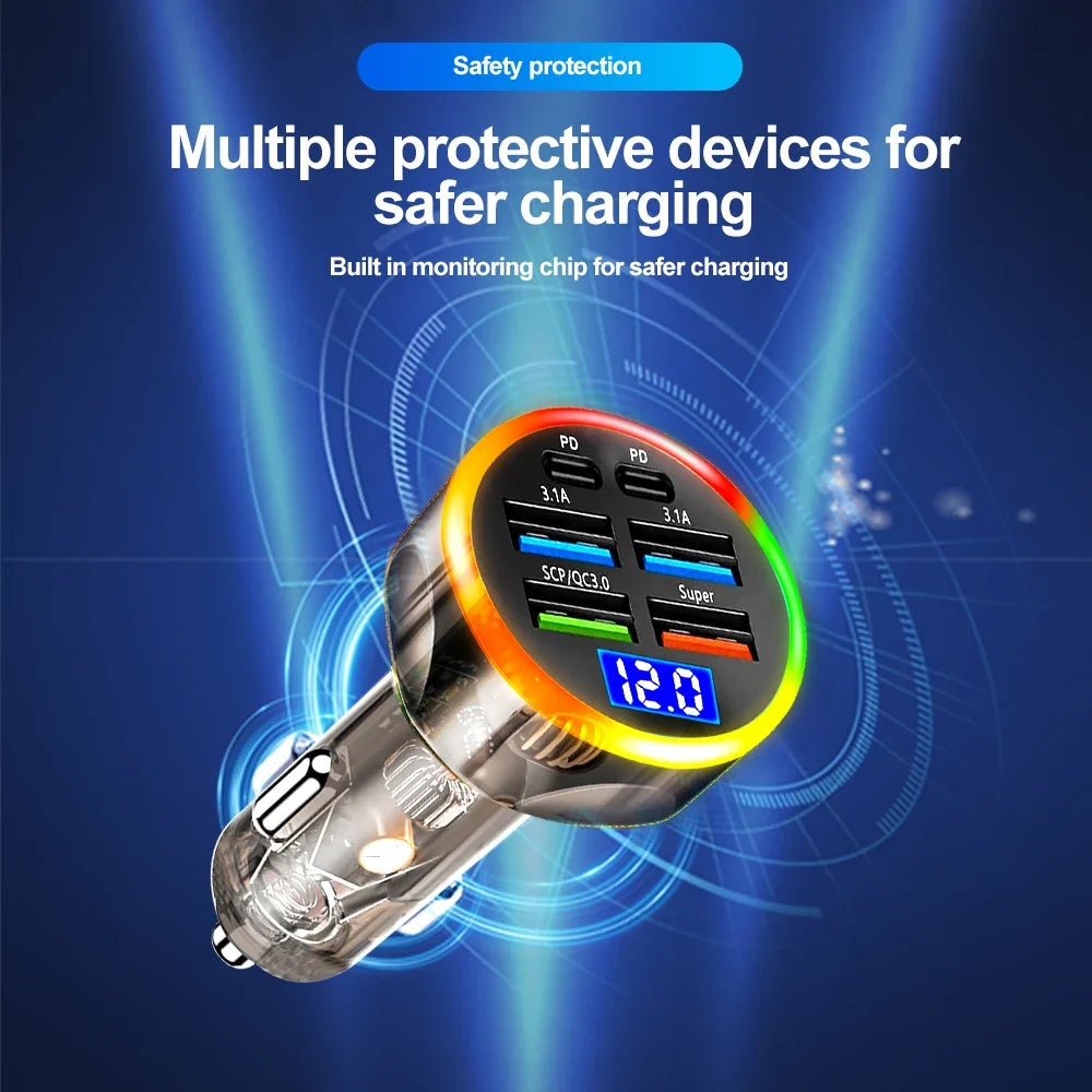 200W 6-Port Car Charger PD QC3.0 Fast Charging Digital Display