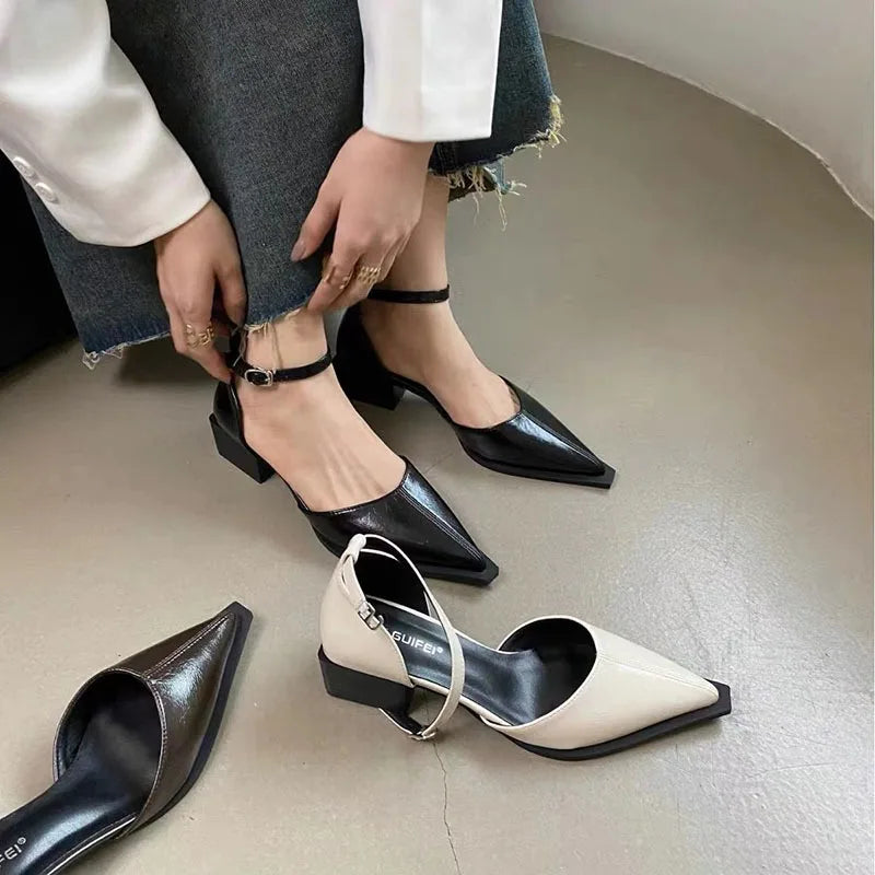 Women's Pointed Toe Mid Heel Pumps – Ankle Buckle Strap