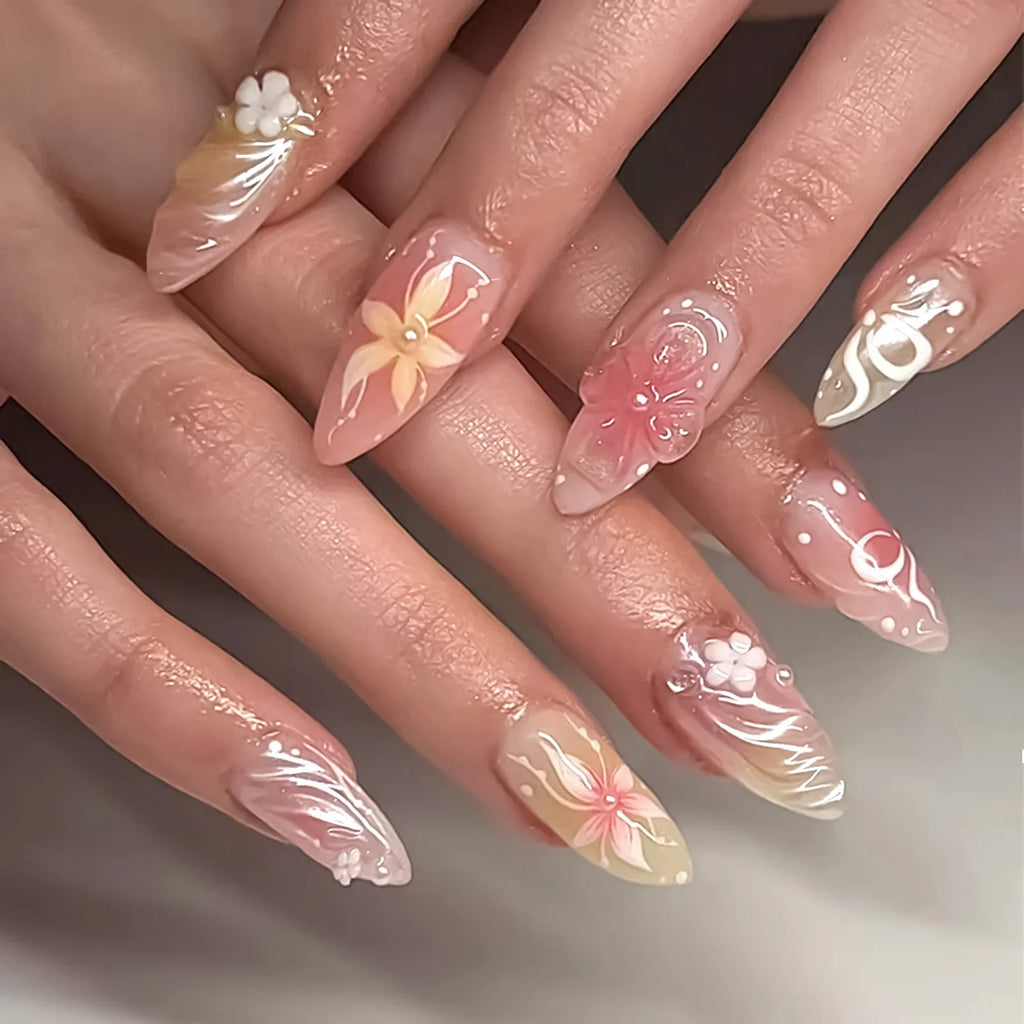 Blue Cat Eye Press On Nails – 24pcs Short Round Flower Tips