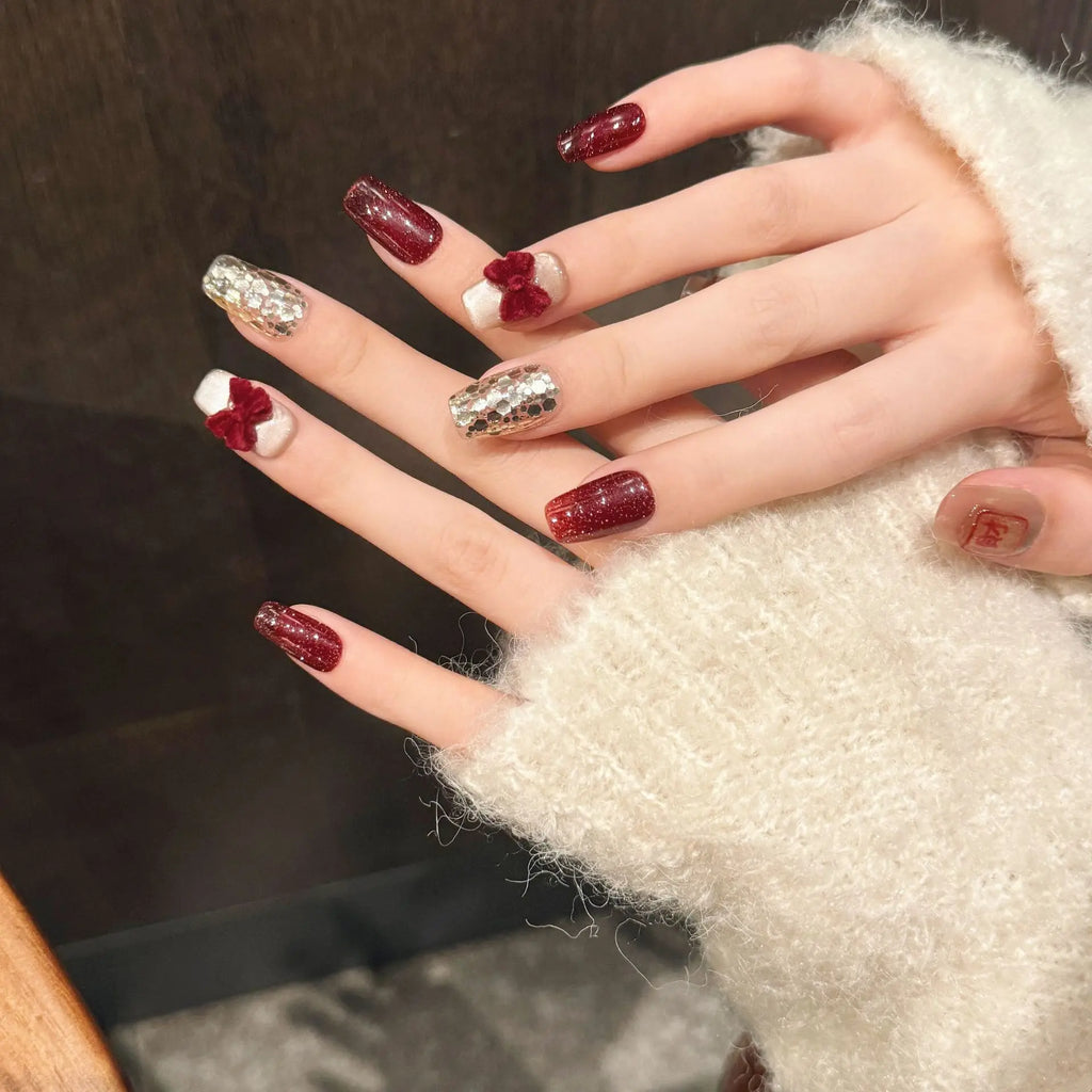 Red Glitter Press On Nails | Bow Decor Short False Nail Tips