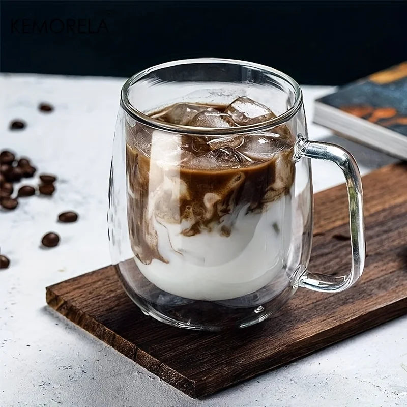 KEMORELA Double Wall Clear Glass Coffee Cup with Handle | 1-2 Pack