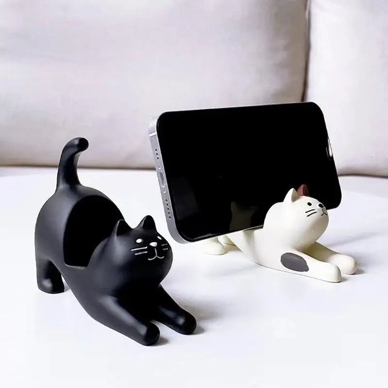 Cute Cat Phone Holder Animal Desk Resin Stand Stretching Figurine