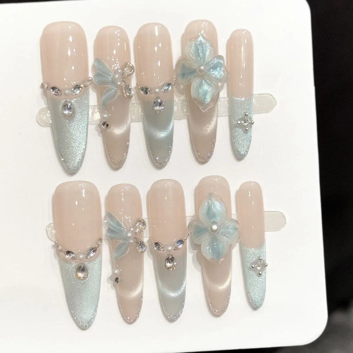 3D Ice Blue Butterfly Press On Nails – Long Tip False Nails