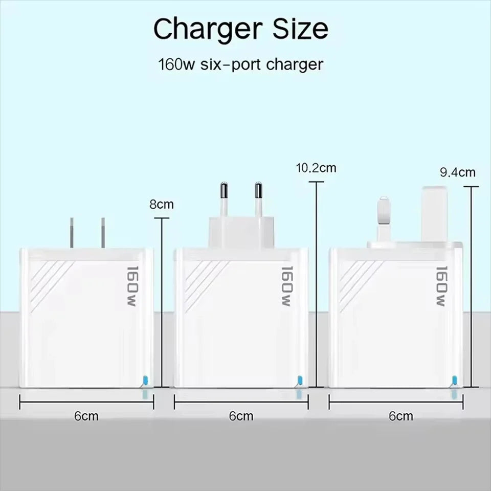 160W 6-Port USB-C Fast Charger | EU US UK Wall Adapter