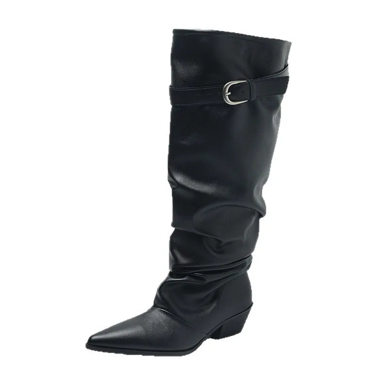 Retro Pleated Belt Buckle Women's Knee-High Boots Square Heel