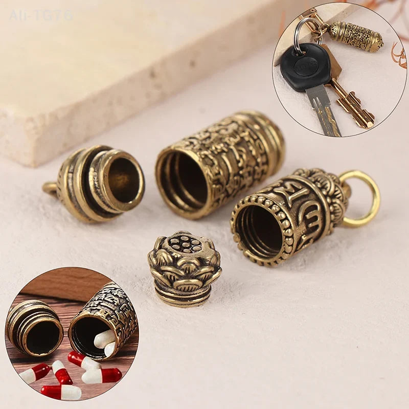 Handmade Hollow Brass Buddha Sutra Cylinder Keychain Pendant