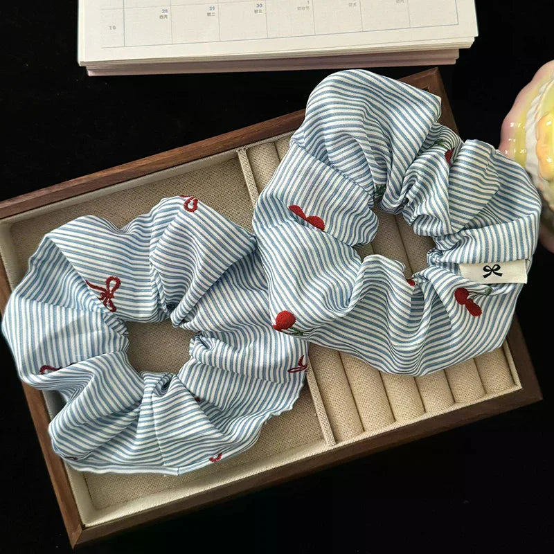Korean Cherry Stripe Scrunchie Hair Ties – Set of 2 | K-Style