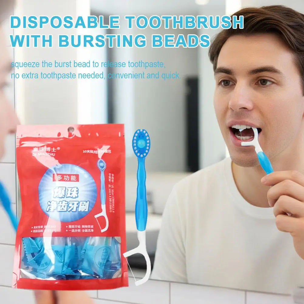 10-Pack Disposable Travel Toothbrush with Mint Toothpaste Capsule