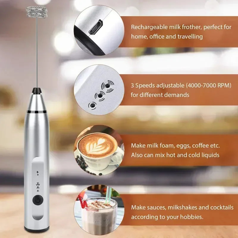 USB Rechargeable Electric Milk Frother & Handheld Whisk Mixer